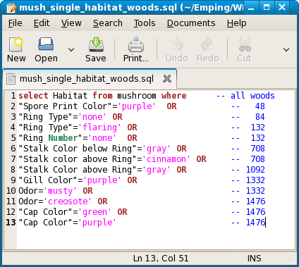 mushroom sql query for woods